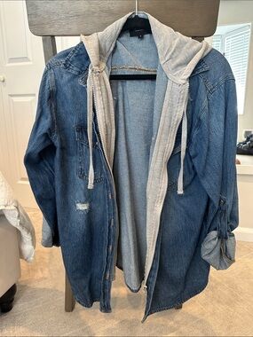 Denim Jacket with Grey Hooded Liner - Casual Women’s Coat